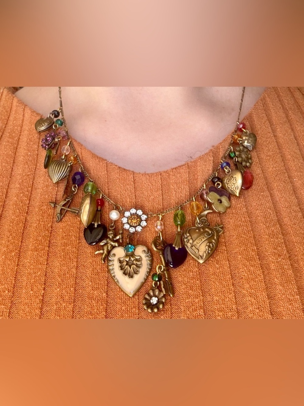 Vintage Anne Koplik Designs Heart Charm Necklace in Gold and Multicolor